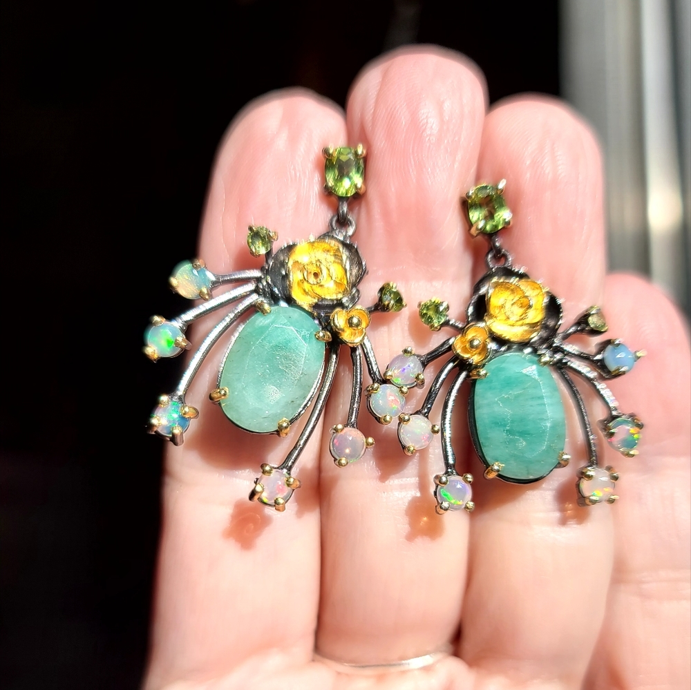 Large Emeral Opal & Peridot sterling & gold dramatic earrings - Picture 7 of 7